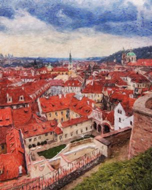 Modern sanat eserleri, Prag Çek Cumhuriyeti, petrol, Avrupa 'nın ünlü eski sokak manzarası, güzel eski antika evler, tuval ya da kağıt poster için tasarım baskısı, turistik üretim