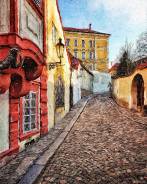 Modern sanat eserleri, Prag Çek Cumhuriyeti, petrol, Avrupa 'nın ünlü eski sokak manzarası, güzel eski antika evler, tuval ya da kağıt poster için tasarım baskısı, turistik üretim