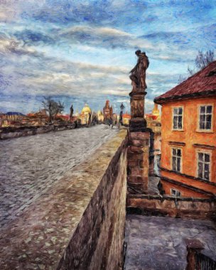 Modern sanat eserleri, Prag Çek Cumhuriyeti, petrol, Avrupa 'nın ünlü eski sokak manzarası, güzel eski antika evler, tuval ya da kağıt poster için tasarım baskısı, turistik üretim