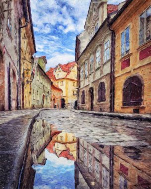 Modern sanat eserleri, Prag Çek Cumhuriyeti, petrol, Avrupa 'nın ünlü eski sokak manzarası, güzel eski antika evler, tuval ya da kağıt poster için tasarım baskısı, turistik üretim