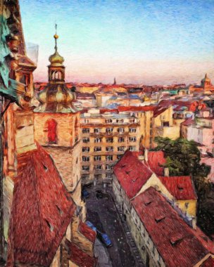 Modern sanat eserleri, Prag Çek Cumhuriyeti, petrol, Avrupa 'nın ünlü eski sokak manzarası, güzel eski antika evler, tuval ya da kağıt poster için tasarım baskısı, turistik üretim