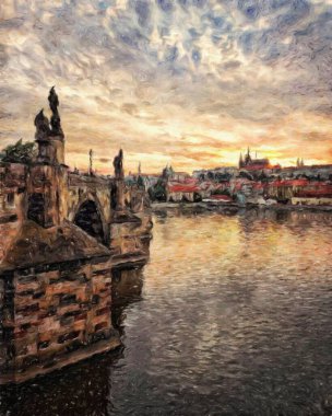 Modern sanat eserleri, Prag Çek Cumhuriyeti, petrol, Avrupa 'nın ünlü eski sokak manzarası, güzel eski antika evler, tuval ya da kağıt poster için tasarım baskısı, turistik üretim