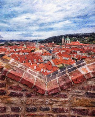 Modern sanat eserleri, Prag Çek Cumhuriyeti, petrol, Avrupa 'nın ünlü eski sokak manzarası, güzel eski antika evler, tuval ya da kağıt poster için tasarım baskısı, turistik üretim