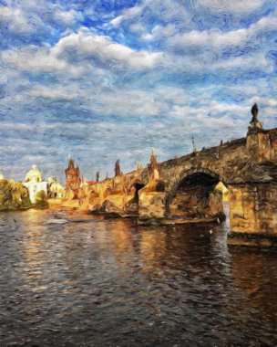 Modern sanat eserleri, Prag Çek Cumhuriyeti, petrol, Avrupa 'nın ünlü eski sokak manzarası, güzel eski antika evler, tuval ya da kağıt poster için tasarım baskısı, turistik üretim