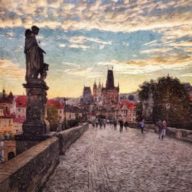 Modern sanat eserleri, Prag Çek Cumhuriyeti, petrol, Avrupa 'nın ünlü eski sokak manzarası, güzel eski antika evler, tuval ya da kağıt poster için tasarım baskısı, turistik üretim