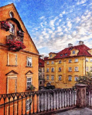 Modern sanat eserleri, Prag Çek Cumhuriyeti, petrol, Avrupa 'nın ünlü eski sokak manzarası, güzel eski antika evler, tuval ya da kağıt poster için tasarım baskısı, turistik üretim