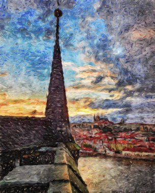 Modern sanat eserleri, Prag Çek Cumhuriyeti, petrol, Avrupa 'nın ünlü eski sokak manzarası, güzel eski antika evler, tuval ya da kağıt poster için tasarım baskısı, turistik üretim