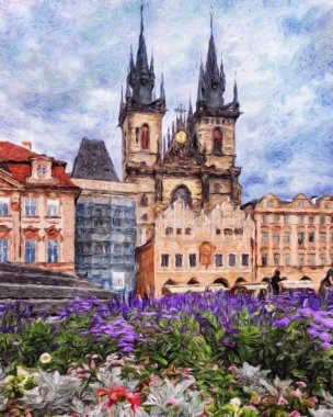 Modern sanat eserleri, Prag Çek Cumhuriyeti, petrol, Avrupa 'nın ünlü eski sokak manzarası, güzel eski antika evler, tuval ya da kağıt poster için tasarım baskısı, turistik üretim