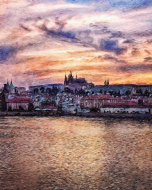 Modern sanat eserleri, Prag Çek Cumhuriyeti, petrol, Avrupa 'nın ünlü eski sokak manzarası, güzel eski antika evler, tuval ya da kağıt poster için tasarım baskısı, turistik üretim