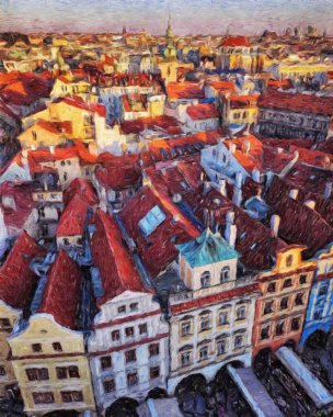 Modern sanat eserleri, Prag Çek Cumhuriyeti, petrol, Avrupa 'nın ünlü eski sokak manzarası, güzel eski antika evler, tuval ya da kağıt poster için tasarım baskısı, turistik üretim