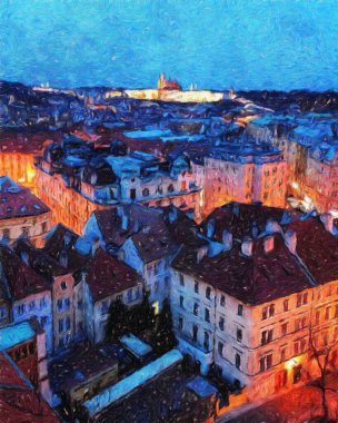 Modern sanat eserleri, Prag Çek Cumhuriyeti, petrol, Avrupa 'nın ünlü eski sokak manzarası, güzel eski antika evler, tuval ya da kağıt poster için tasarım baskısı, turistik üretim