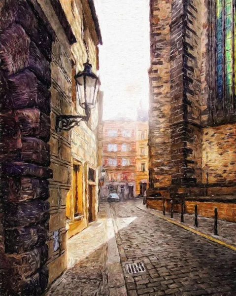 Modern sanat eserleri, Prag Çek Cumhuriyeti, petrol, Avrupa 'nın ünlü eski sokak manzarası, güzel eski antika evler, tuval ya da kağıt poster için tasarım baskısı, turistik üretim