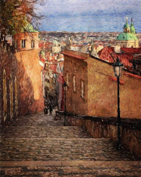 Modern sanat eserleri, Prag Çek Cumhuriyeti, petrol, Avrupa 'nın ünlü eski sokak manzarası, güzel eski antika evler, tuval ya da kağıt poster için tasarım baskısı, turistik üretim