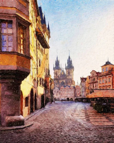 Modern sanat eserleri, Prag Çek Cumhuriyeti, petrol, Avrupa 'nın ünlü eski sokak manzarası, güzel eski antika evler, tuval ya da kağıt poster için tasarım baskısı, turistik üretim