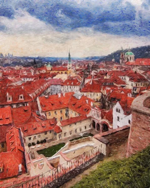 Modern sanat eserleri, Prag Çek Cumhuriyeti, petrol, Avrupa 'nın ünlü eski sokak manzarası, güzel eski antika evler, tuval ya da kağıt poster için tasarım baskısı, turistik üretim