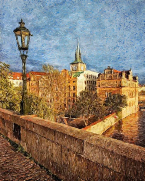 Modern sanat eserleri, Prag Çek Cumhuriyeti, petrol, Avrupa 'nın ünlü eski sokak manzarası, güzel eski antika evler, tuval ya da kağıt poster için tasarım baskısı, turistik üretim