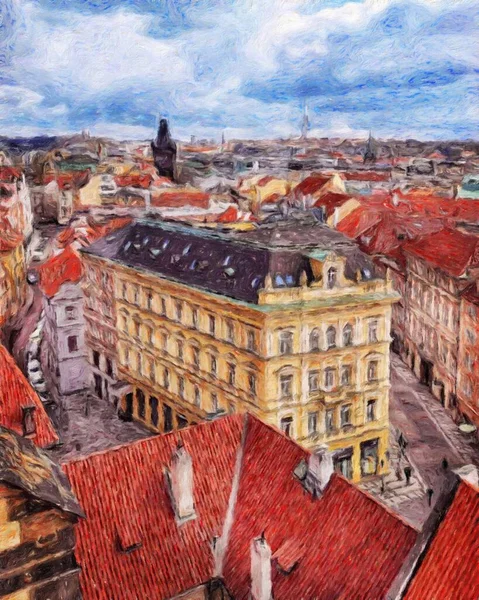 Modern sanat eserleri, Prag Çek Cumhuriyeti, petrol, Avrupa 'nın ünlü eski sokak manzarası, güzel eski antika evler, tuval ya da kağıt poster için tasarım baskısı, turistik üretim