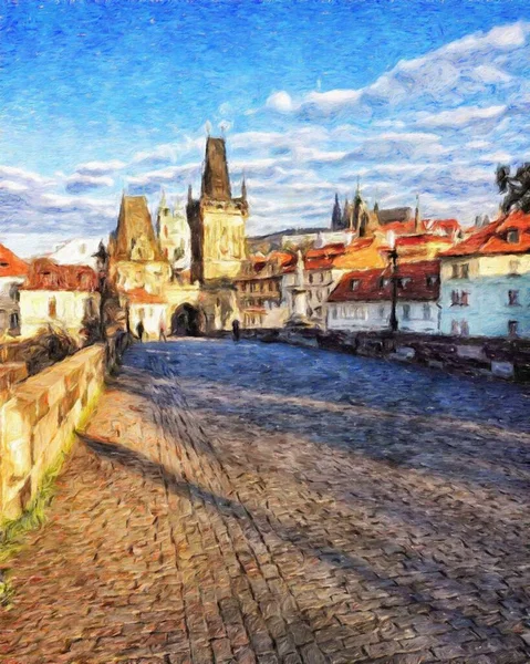 Modern sanat eserleri, Prag Çek Cumhuriyeti, petrol, Avrupa 'nın ünlü eski sokak manzarası, güzel eski antika evler, tuval ya da kağıt poster için tasarım baskısı, turistik üretim