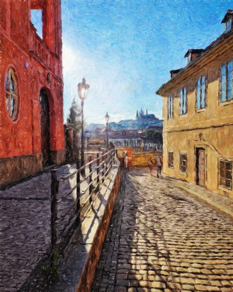 Digital painting modern artistic artwork, Prague Czechia, drawing in oil European famous old street view, beautiful old vintage houses, design print for canvas or paper poster, touristic production