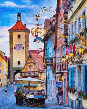 Renkli resim modern sanat eserleri, gerçek fırça darbeleri, yağlı Avrupa 'nın ünlü sokak manzarası, güzel eski antika evler, tuval veya kağıt poster için tasarım baskısı, turistik ürün