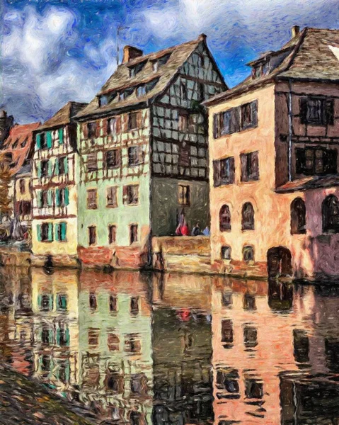 色彩艳丽的绘画现代艺术艺术品 真正的笔画 油画欧洲著名的老街风景 漂亮的老式房子 帆布或纸制海报的设计图 旅游产品 — 图库照片