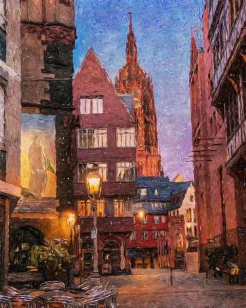 Renkli resim modern sanat eserleri, gerçek fırça darbeleri, yağlı Avrupa 'nın ünlü sokak manzarası, güzel eski antika evler, tuval veya kağıt poster için tasarım baskısı, turistik ürün