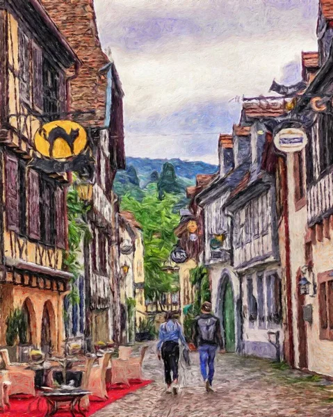 Colorful painting modern artistic artwork, real brush strokes, drawing in oil European famous old street view, beautiful old vintage houses, design print for canvas or paper poster, touristic product