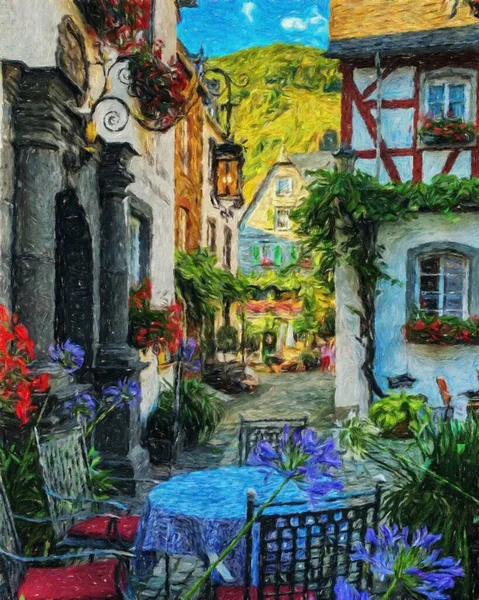 Colorful painting modern artistic artwork, real brush strokes, drawing in oil European famous old street view, beautiful old vintage houses, design print for canvas or paper poster, touristic product