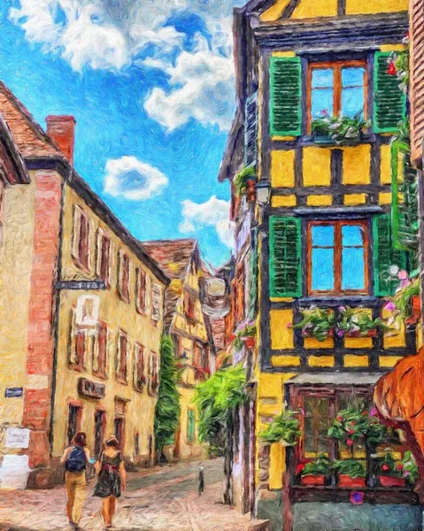 Colorful painting modern artistic artwork, real brush strokes, drawing in oil European famous old street view, beautiful old vintage houses, design print for canvas or paper poster, touristic product