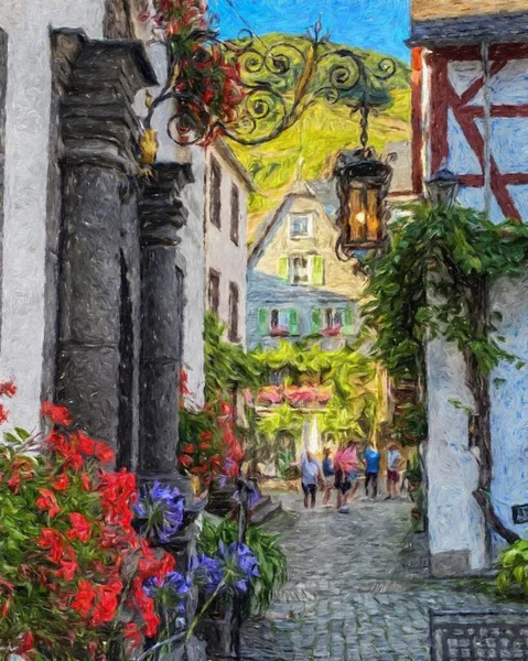 Renkli resim modern sanat eserleri, gerçek fırça darbeleri, yağlı Avrupa 'nın ünlü sokak manzarası, güzel eski antika evler, tuval veya kağıt poster için tasarım baskısı, turistik ürün