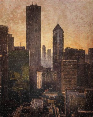 Gerçek resim modern sanatsal sanat eserleri Şikago ABD Petrol Şehri gökdelenleri ve mimarisinde çizim, Amerika şehir merkezine seyahat, tuval veya kağıt poster için duvar resimleri, turizm üretim tasarımı