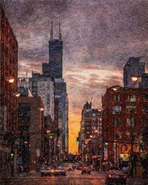 Gerçek resim modern sanatsal sanat eserleri Şikago ABD Petrol Şehri gökdelenleri ve mimarisinde çizim, Amerika şehir merkezine seyahat, tuval veya kağıt poster için duvar resimleri, turizm üretim tasarımı