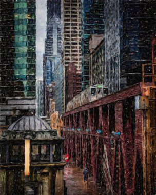 Gerçek resim modern sanatsal sanat eserleri Şikago ABD Petrol Şehri gökdelenleri ve mimarisinde çizim, Amerika şehir merkezine seyahat, tuval veya kağıt poster için duvar resimleri, turizm üretim tasarımı