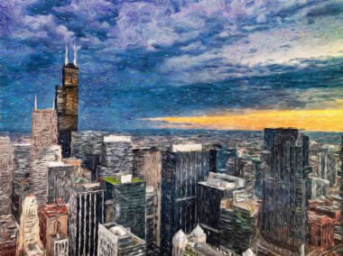 Gerçek resim modern sanatsal sanat eserleri Şikago ABD Petrol Şehri gökdelenleri ve mimarisinde çizim, Amerika şehir merkezine seyahat, tuval veya kağıt poster için duvar resimleri, turizm üretim tasarımı