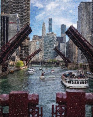 Gerçek resim modern sanatsal sanat eserleri Şikago ABD Petrol Şehri gökdelenleri ve mimarisinde çizim, Amerika şehir merkezine seyahat, tuval veya kağıt poster için duvar resimleri, turizm üretim tasarımı