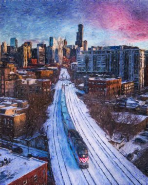 Gerçek resim modern sanatsal sanat eserleri Şikago ABD Petrol Şehri gökdelenleri ve mimarisinde çizim, Amerika şehir merkezine seyahat, tuval veya kağıt poster için duvar resimleri, turizm üretim tasarımı