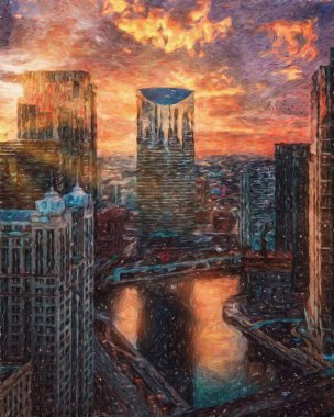 Gerçek resim modern sanatsal sanat eserleri Şikago ABD Petrol Şehri gökdelenleri ve mimarisinde çizim, Amerika şehir merkezine seyahat, tuval veya kağıt poster için duvar resimleri, turizm üretim tasarımı