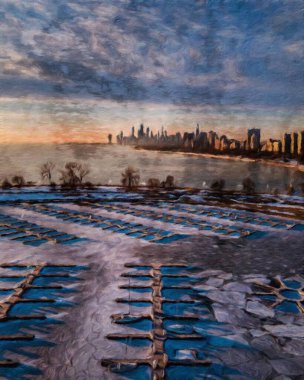 Gerçek resim modern sanatsal sanat eserleri Şikago ABD Petrol Şehri gökdelenleri ve mimarisinde çizim, Amerika şehir merkezine seyahat, tuval veya kağıt poster için duvar resimleri, turizm üretim tasarımı