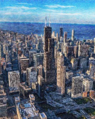 Gerçek resim modern sanatsal sanat eserleri Şikago ABD Petrol Şehri gökdelenleri ve mimarisinde çizim, Amerika şehir merkezine seyahat, tuval veya kağıt poster için duvar resimleri, turizm üretim tasarımı