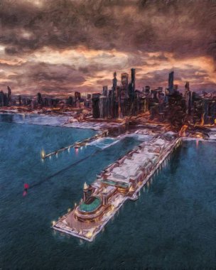 Gerçek resim modern sanatsal sanat eserleri Şikago ABD Petrol Şehri gökdelenleri ve mimarisinde çizim, Amerika şehir merkezine seyahat, tuval veya kağıt poster için duvar resimleri, turizm üretim tasarımı