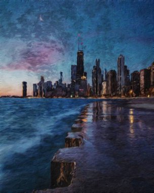 Gerçek resim modern sanatsal sanat eserleri Şikago ABD Petrol Şehri gökdelenleri ve mimarisinde çizim, Amerika şehir merkezine seyahat, tuval veya kağıt poster için duvar resimleri, turizm üretim tasarımı