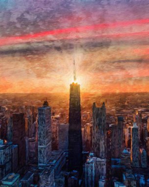 Gerçek resim modern sanatsal sanat eserleri Şikago ABD Petrol Şehri gökdelenleri ve mimarisinde çizim, Amerika şehir merkezine seyahat, tuval veya kağıt poster için duvar resimleri, turizm üretim tasarımı