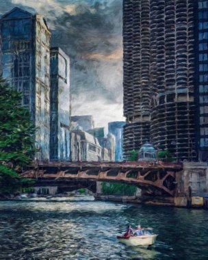 Gerçek resim modern sanatsal sanat eserleri Şikago ABD Petrol Şehri gökdelenleri ve mimarisinde çizim, Amerika şehir merkezine seyahat, tuval veya kağıt poster için duvar resimleri, turizm üretim tasarımı