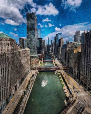 Gerçek resim modern sanatsal sanat eserleri Şikago ABD Petrol Şehri gökdelenleri ve mimarisinde çizim, Amerika şehir merkezine seyahat, tuval veya kağıt poster için duvar resimleri, turizm üretim tasarımı