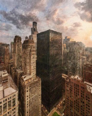 Gerçek resim modern sanatsal sanat eserleri Şikago ABD Petrol Şehri gökdelenleri ve mimarisinde çizim, Amerika şehir merkezine seyahat, tuval veya kağıt poster için duvar resimleri, turizm üretim tasarımı