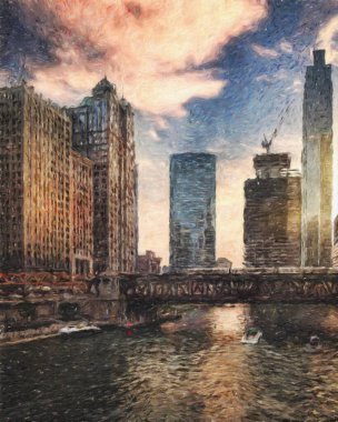 Gerçek resim modern sanatsal sanat eserleri Şikago ABD Petrol Şehri gökdelenleri ve mimarisinde çizim, Amerika şehir merkezine seyahat, tuval veya kağıt poster için duvar resimleri, turizm üretim tasarımı