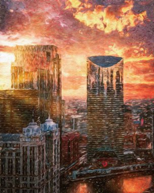 Gerçek resim modern sanatsal sanat eserleri Şikago ABD Petrol Şehri gökdelenleri ve mimarisinde çizim, Amerika şehir merkezine seyahat, tuval veya kağıt poster için duvar resimleri, turizm üretim tasarımı