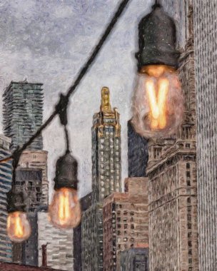 Gerçek resim modern sanatsal sanat eserleri Şikago ABD Petrol Şehri gökdelenleri ve mimarisinde çizim, Amerika şehir merkezine seyahat, tuval veya kağıt poster için duvar resimleri, turizm üretim tasarımı