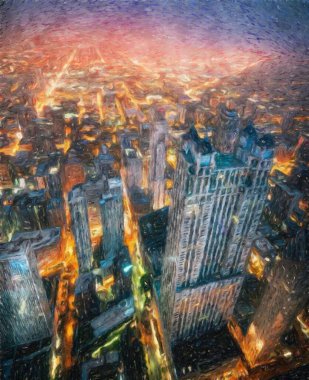 Gerçek resim modern sanatsal sanat eserleri Şikago ABD Petrol Şehri gökdelenleri ve mimarisinde çizim, Amerika şehir merkezine seyahat, tuval veya kağıt poster için duvar resimleri, turizm üretim tasarımı