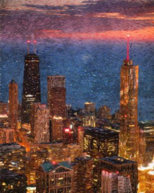 Gerçek resim modern sanatsal sanat eserleri Şikago ABD Petrol Şehri gökdelenleri ve mimarisinde çizim, Amerika şehir merkezine seyahat, tuval veya kağıt poster için duvar resimleri, turizm üretim tasarımı